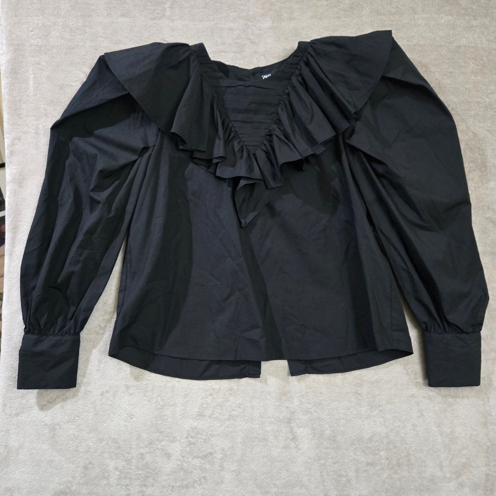 Zara‎ Ruffle Blouse Women XL Dark Victorian Puff Sleeve Regency Poplin Statement